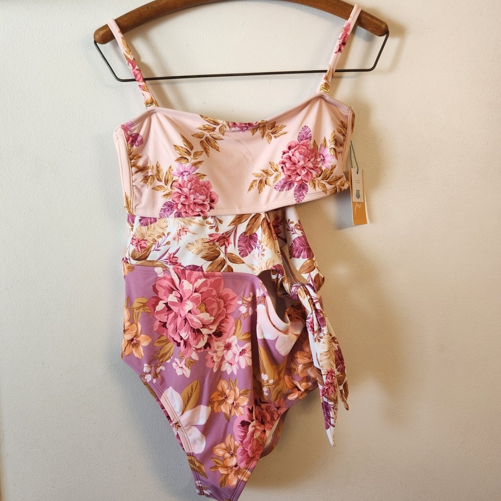 Kona Sol Floral Cutout One Piece Swimsuit Pink Purple Medium NWT Full Coverage